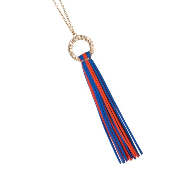 Fanfare Jewelry - Fanfare Fashion Hammered Ring & Orange & Blue Suede Tassel Necklace